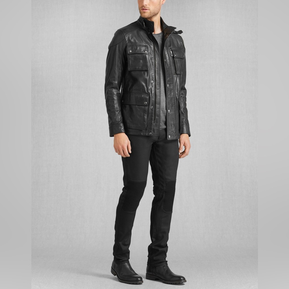 Men’s Belstaff 2015 Trialmaster Waxed Leather Jacket, Black, Made in Italy, IT48
